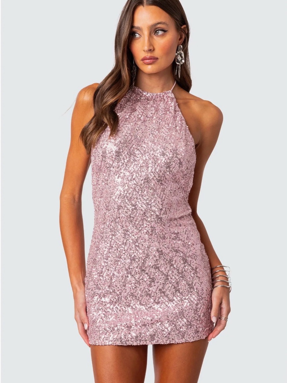 Edikted Pink Sequin Halter Mini Dress